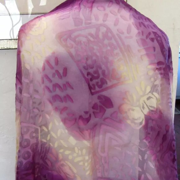 Purple & cream sheer silk & rayon 70" shawl scarf fringed abstract pattern - Picture 8 of 8
